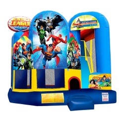 This combo is 18'x15' Has a bounce area, basketball hoop and a slide.